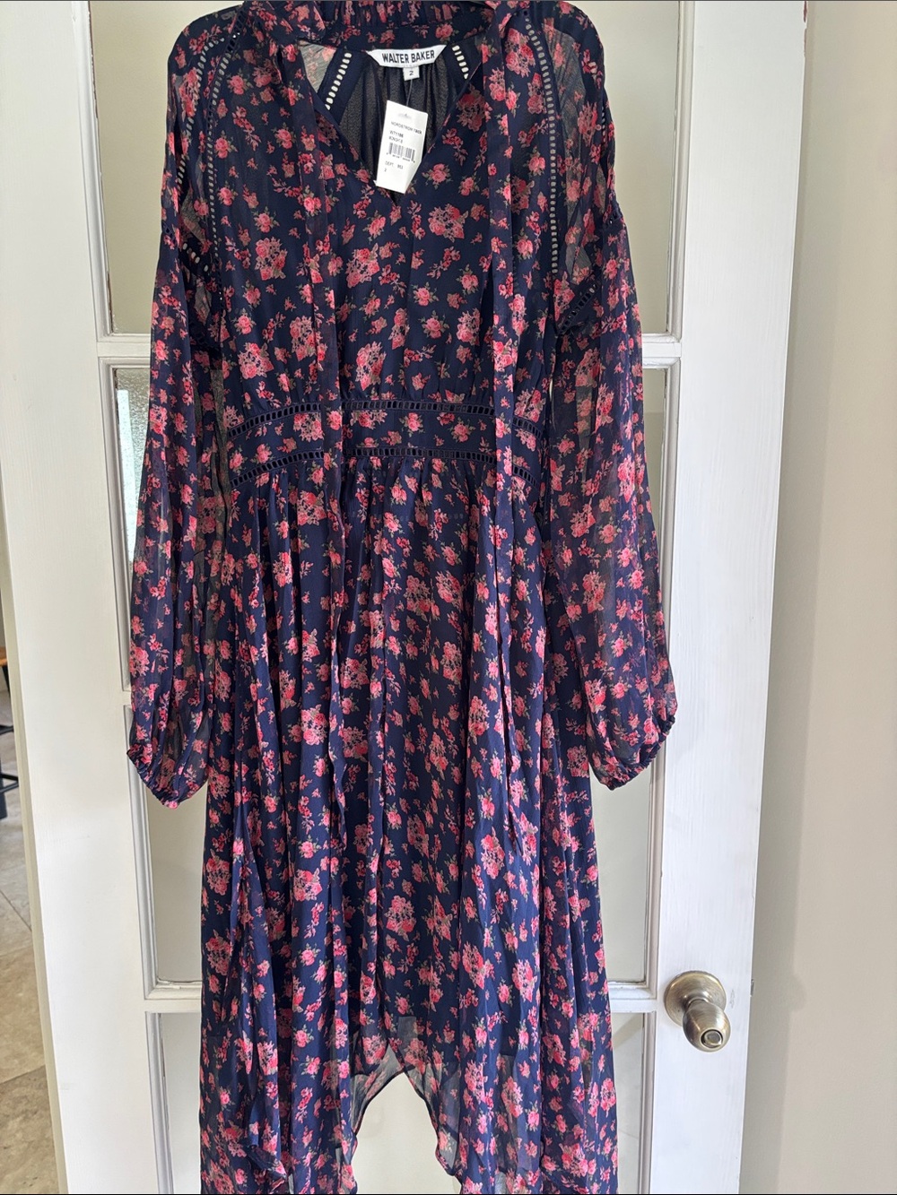 Navy Floral Long Sleeve Midi Dress - Pink Floral Print - Picture 4 of 6